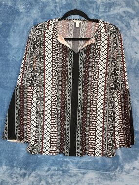 Geometric Stripe V-Neck Tunic in Black and Browns